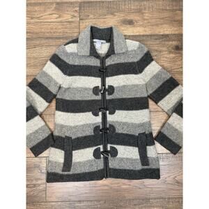 100% Lambswool Striped Sweater Coat Jacket Gray Zipper Pockets Sz Medium